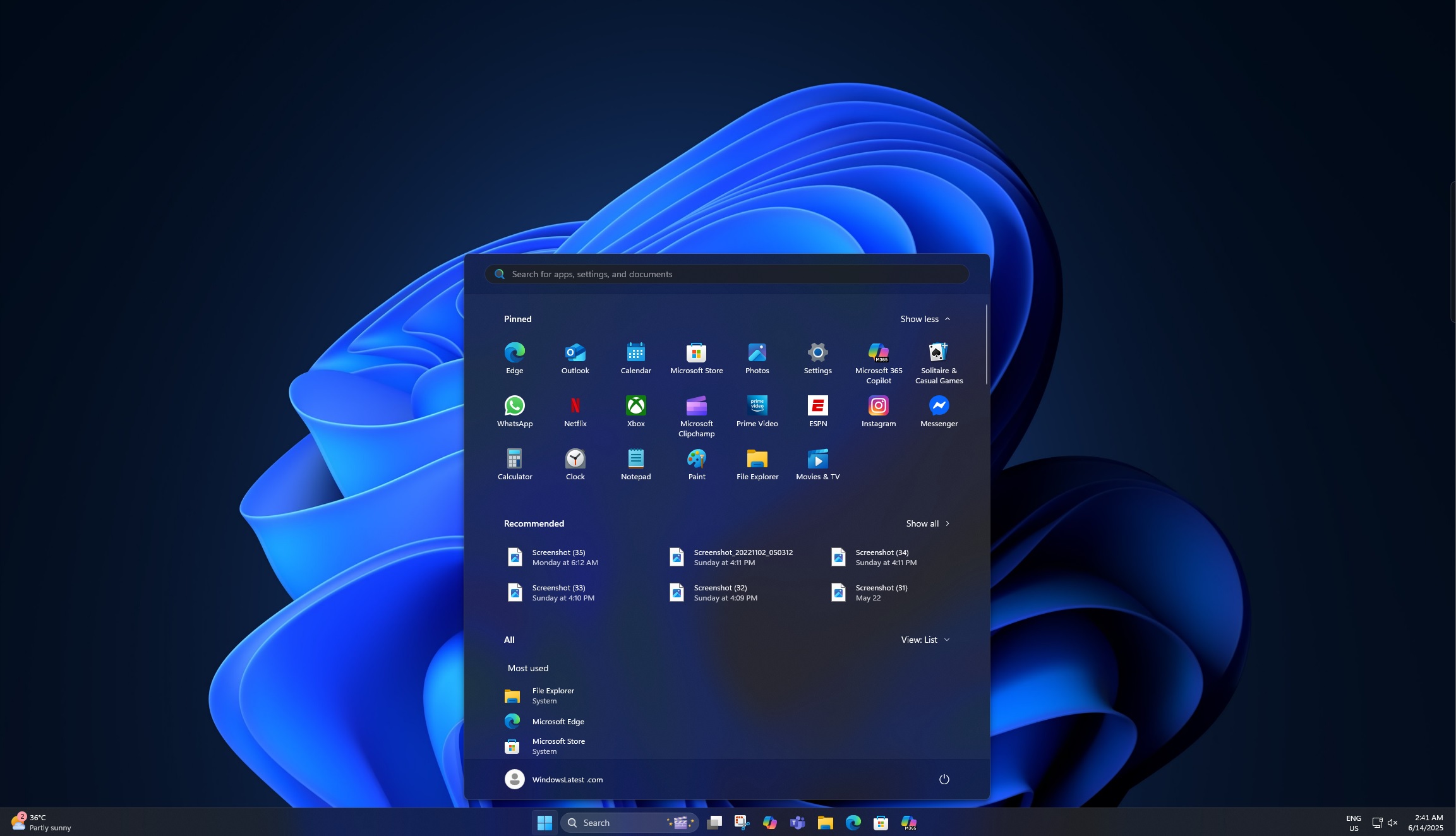 Windows 11 Start menu large in high resolution